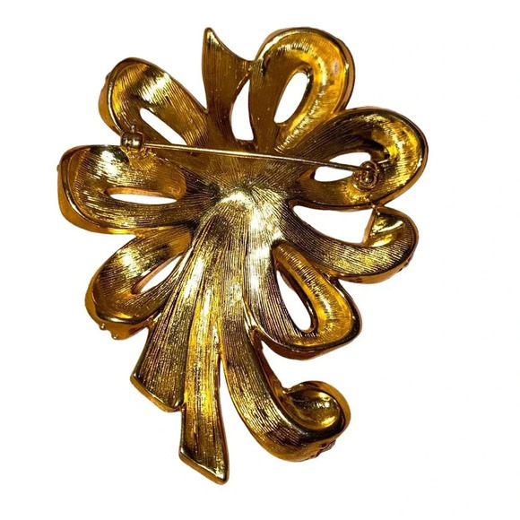 Vintage Large Bow Ribbon Rhinestone Gold Silver Tone Brooch - Picture 3 of 4